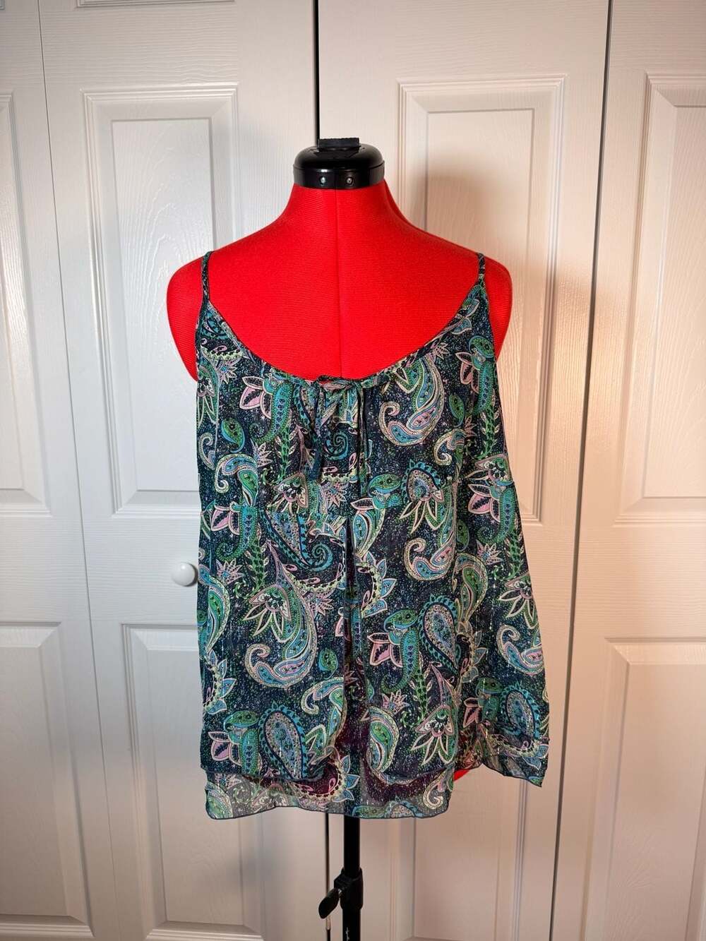 RD Style Paisley Tank Top Size Extra Large Blue Green Metallic Chiffon Cami